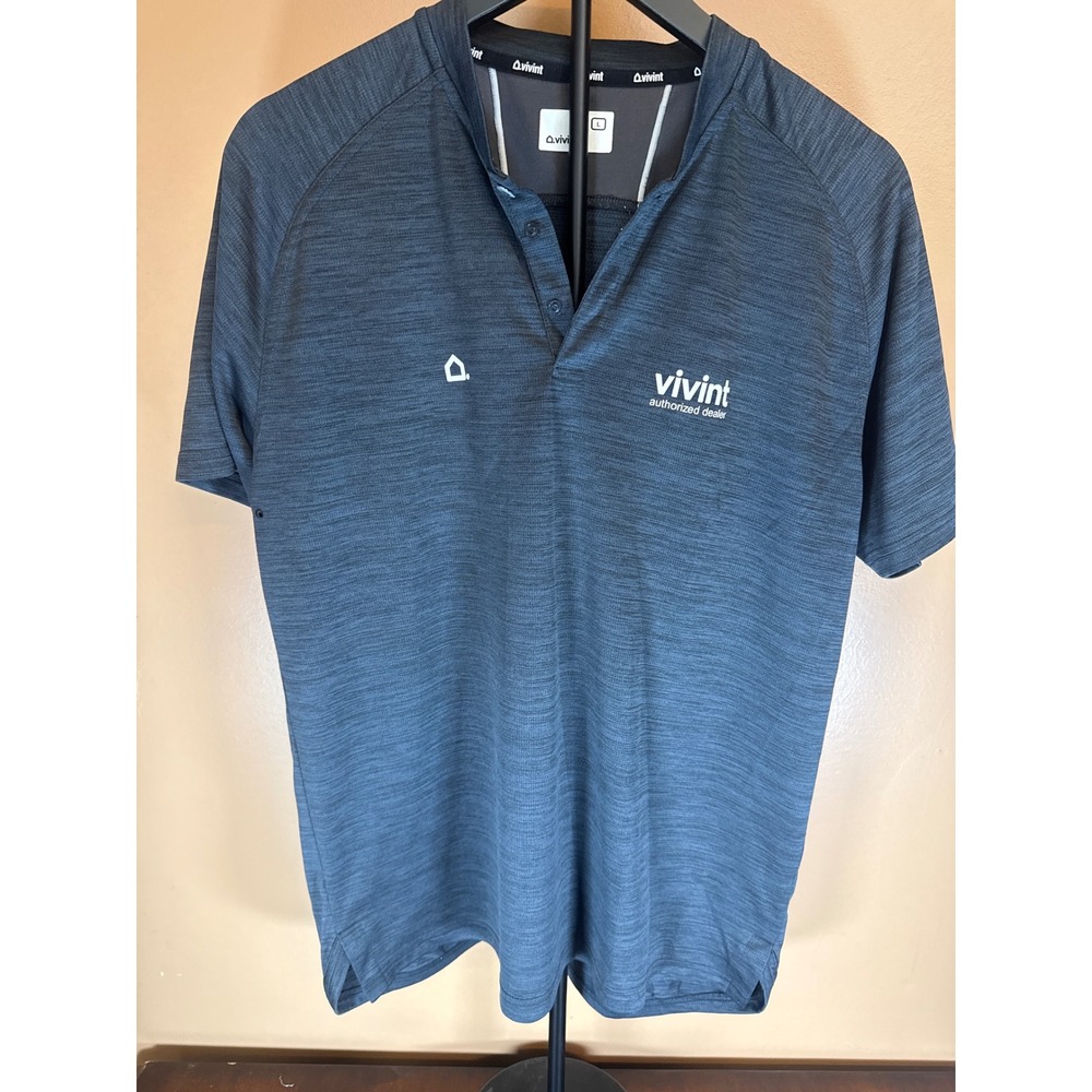 Vivint Authorized Dealer Mens Performance Polo Shirt Blue Heather Blade Collar L